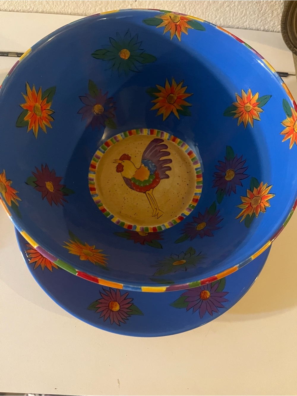Hans Bella Casa colorful rooster salad big bowl and plate